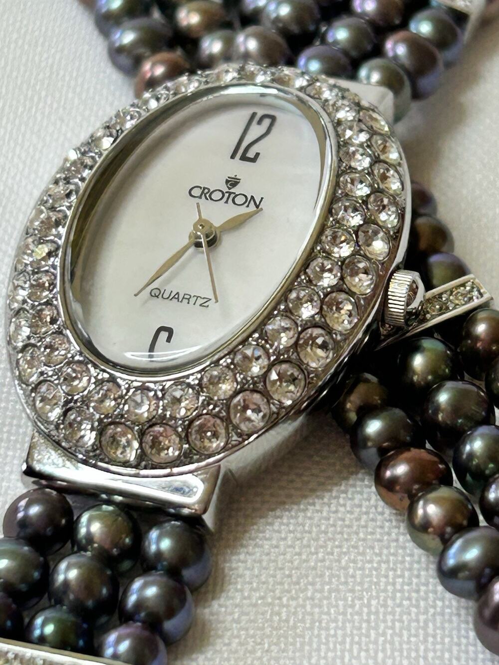 Croton Women's Mother of Pearl Watch & Bracelet Set Crystal Halo Tahitian Pearl